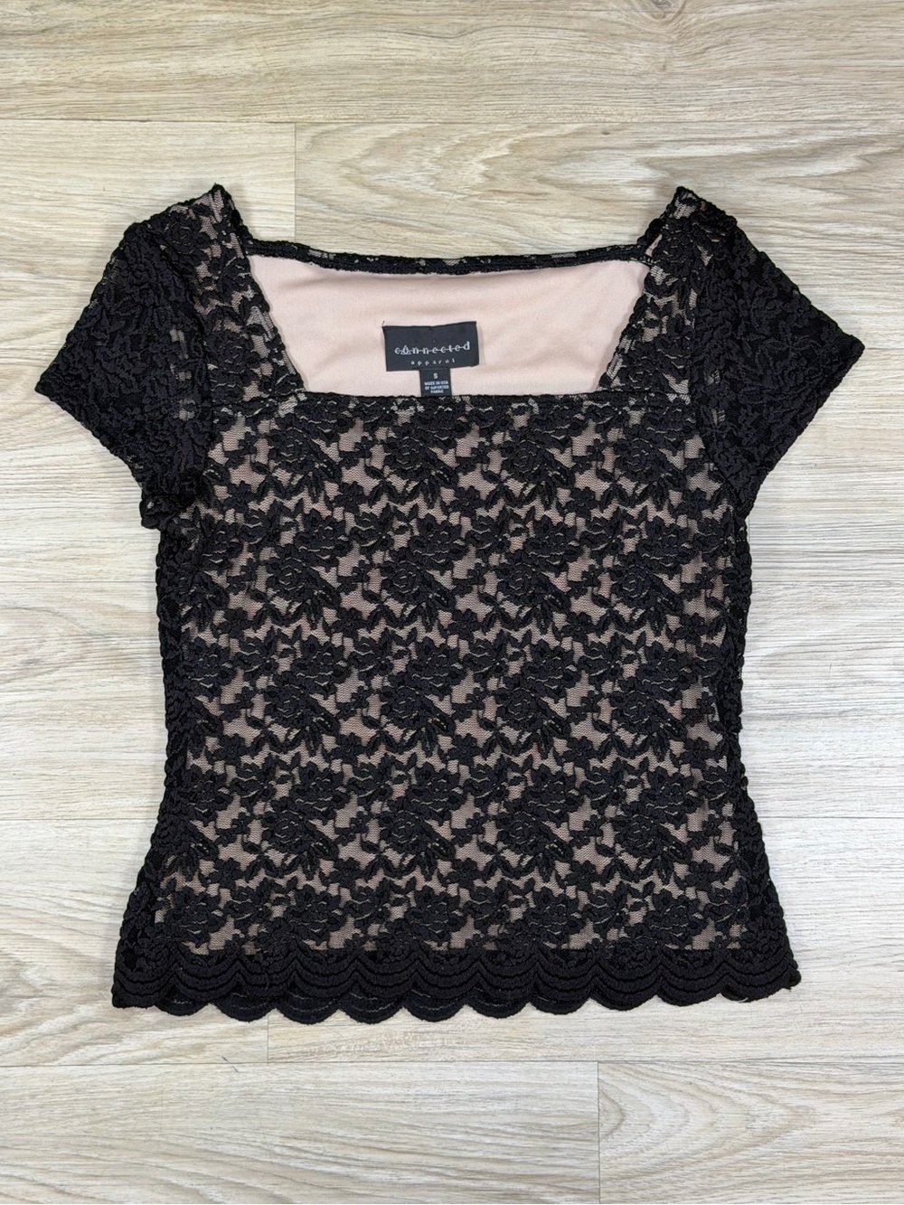 Vintage Y2K Connected Apparel Black Lace Nude Lined Top Whimsigoth Dark Romantic